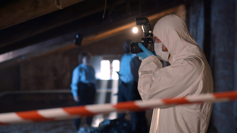 Forensic,Specialist,With,Photo,Camera,Standing,At,Crime,Scene